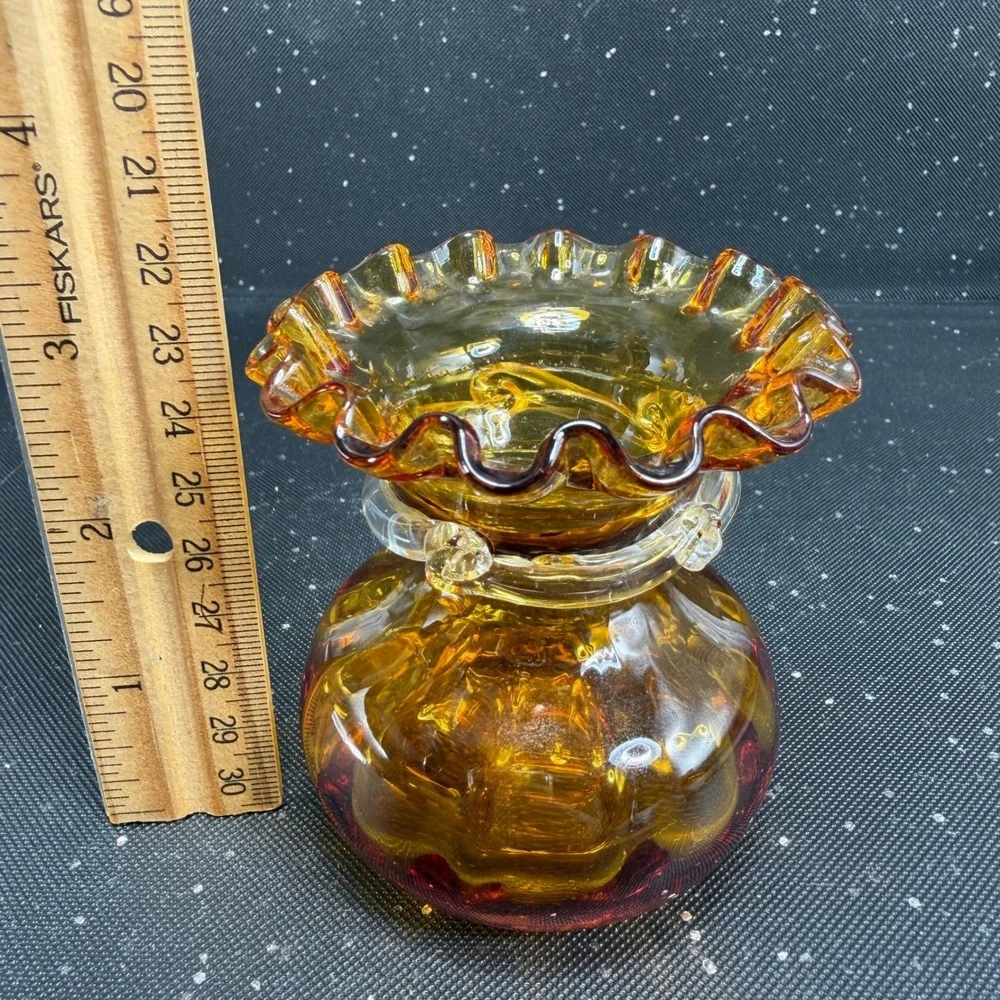 Amber Mid Century Hand Blown Glass Ruffled Bud Vase with Clear Rigaree 3inch